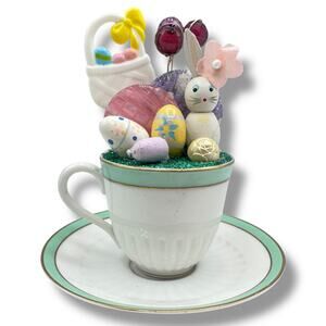 Extra Eggs - Easter Teacup Assemblage Holiday Decor by Kitsch Emporium